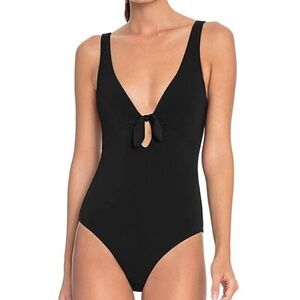 Robin Piccone Black Ava Knot Plunge One Piece Swimsuit Size 12 EUC #2944